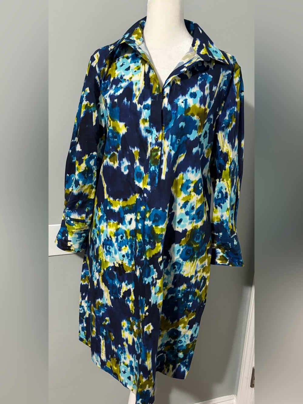 Sara Roka Blue & Teal Abstract Print Shirt Dress Size 44 (XL)